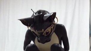 Rubber bastet cums in his latex catsuit with magic wand