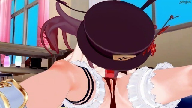 Hu Tao riding Amber’s strapon cock until she orgasms - Genshin Impact Lesbian Hentai.
