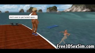 Two sexy 3D cartoon honeys suck and fuck a stud on a boat